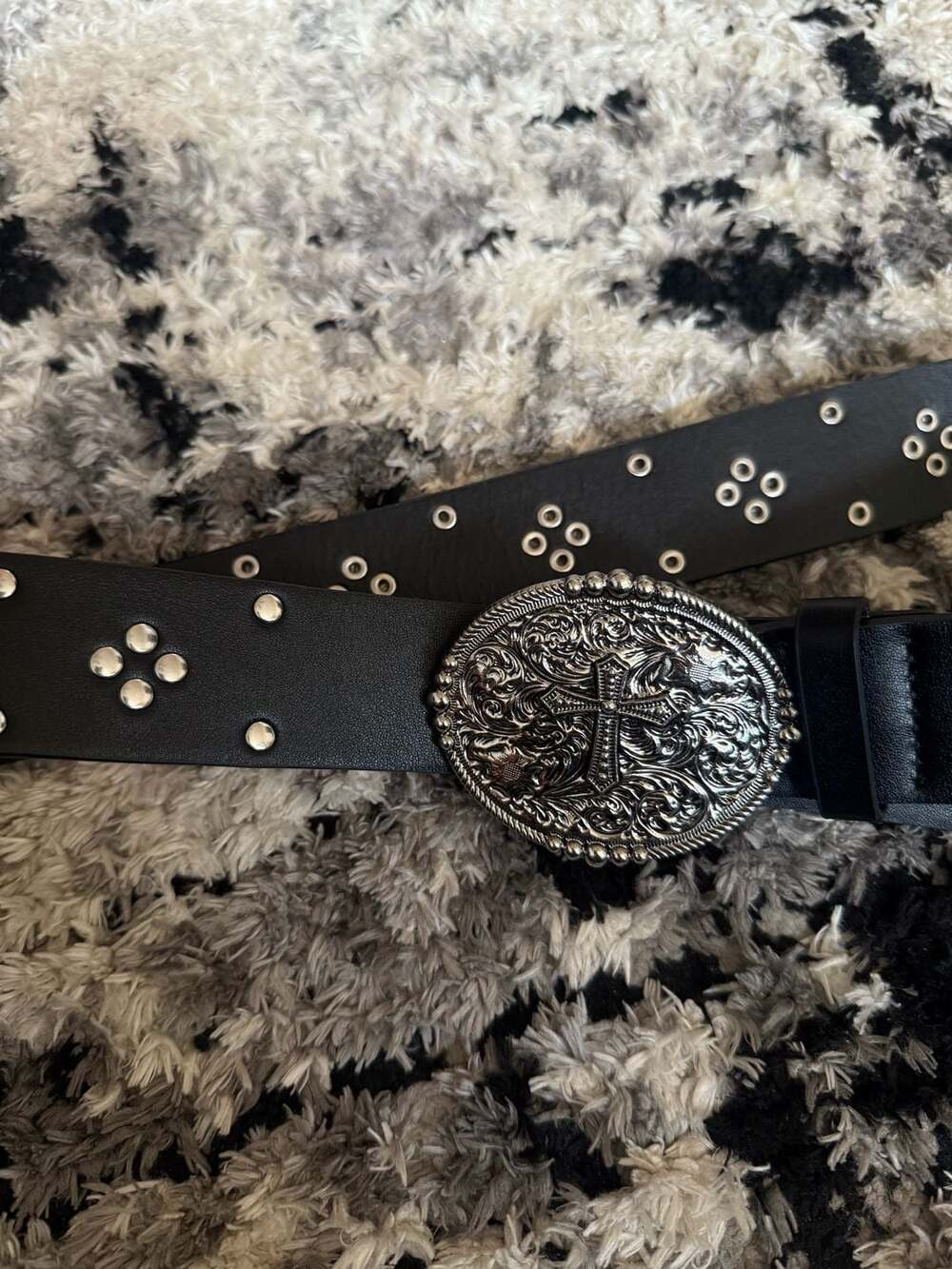 Black Faux Leather Studded Belt with Ornate Silver Gothic Cross Buckle Size M IM